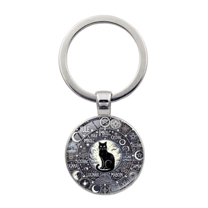 Porte-clés en Alliage Wiccan Roue de l'année Chat Noir Cabochon en Verre Gothique Mystérieux Phases de Lune Bijoux Homme Femme