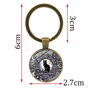 Porte-clés en bronze avec pendentif chat noir mystique et symboles celtiques de lune