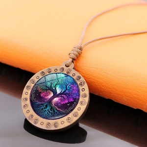 Vintage Levensboom Halsketting Hout Legering Glas Rond Sterrenhemel Kunst Sieraden Met Verstelbaar Waskoord Voor Vrouwen Cadeau