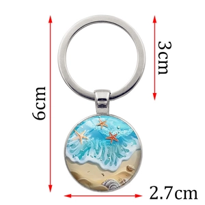Porte-clés pendentif en verre plage océan et étoile de mer avec anneau en métal argenté