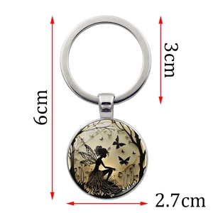 Porte-clés fée et papillon avec pendentif rond en verre et silhouettes de fantaisie