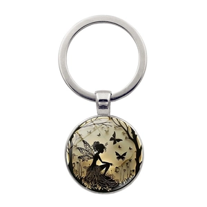 Porte Clés En Métal Silhouette Fée Et Papillon Pendentif Cabochon En Verre Vintage Bijoux De Sac Cadeau Pour Femmes Et Filles