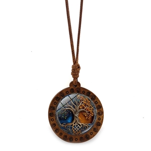Vintage levensboom ketting van hout met kleurrijk glas inleg en bruin gevlochten touw