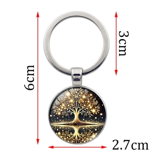 Metal tree of life keychain with glowing pattern showing size dimensions 6cm and 3cm