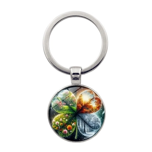 Clover Pattern Keychain Round Glass Cabochon Zinc Alloy Keyring For Car Bag Pendant Women Men Seasonal Landscape Gift