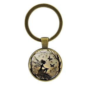 Porte-clés fée et papillon en bronze avec pendentif en verre et anneau en métal vintage