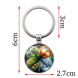 Four Seasons Clover Keychain with round glass pendant and 3cm diameter metal ring