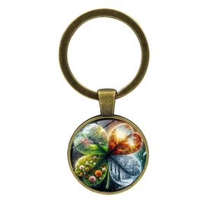 Vintage four-leaf clover keychain with glass cabochon featuring four seasons theme art