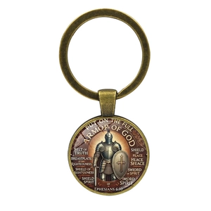Porte-clés chevalier armure de Dieu en bronze avec texte biblique Éphésiens 6:10
