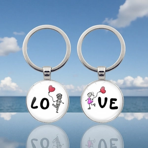 Cute Cartoon Character Heart LOVE Letter Metal Keychain Silver Round Glass Pendant Couple Key Ring Bag Hanging Ornament Gift