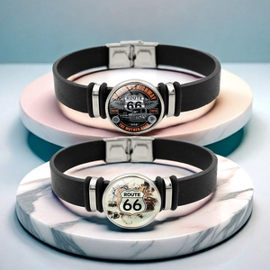 Bracelet Vintage en Cuir PU US Route 66 pour Hommes Femmes Jonc en Alliage et Verre Cabochon Bijoux à Thème Américain