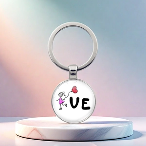 LOVE cartoon girl heart keychain with silver metal ring on marble display stand