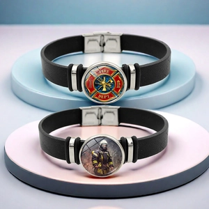 Bracelet Pompier Fire Dept pour Hommes Femmes Unisexe Cuir PU Alliage Verre Croix de Malte Bijoux Professionnels Cadeau