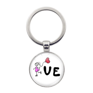 Cartoon girl and red heart balloon LOVE theme metal keychain with glass pendant
