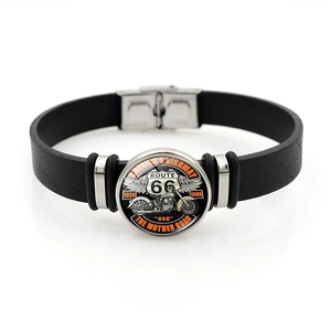 Bracelet à pression Route 66 en cuir PU noir avec motif de moto et finitions argent