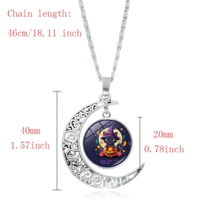 Gedetailleerde technische tekening van Halloween maanketting met maten in inches en cm