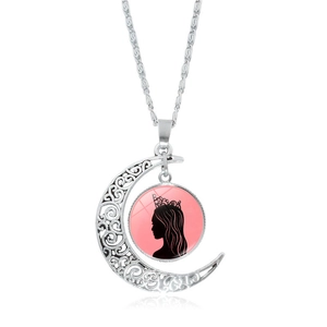 Silver crescent moon necklace featuring a pink silhouette crown girl glass pendant