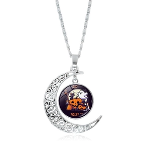 Halloween halsketting met zwarte kat pompoen en maan hanger met zilveren ketting dames