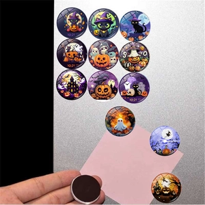 Set of 12 Halloween glass fridge magnets with pumpkin and black cat designs
