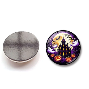 Halloween fridge magnets with black cat, pumpkin, and ghost designs on white background