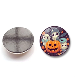 Detailed view of Halloween glass fridge magnets with pumpkin, ghost, and skull patterns