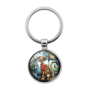 Portachiavi steampunk con pendente in vetro gatto meccanico e anello in metallo argento
