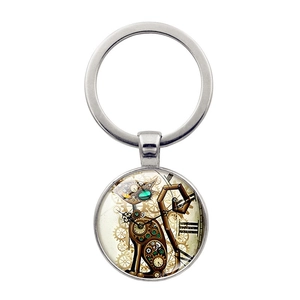Portachiavi Gatto Meccanico Steampunk Vintage Lega di Zinco Vetro Cabochon Ingranaggio Orologio Motivo Metallo Anello Chiavi Ciondolo Borsa Auto