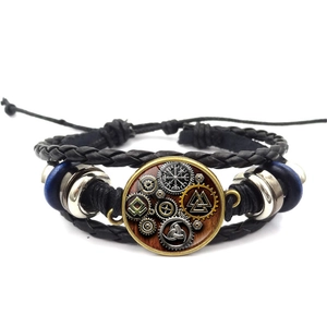 Vintage Viking compass leather bracelet with steampunk gears and adjustable braided strap