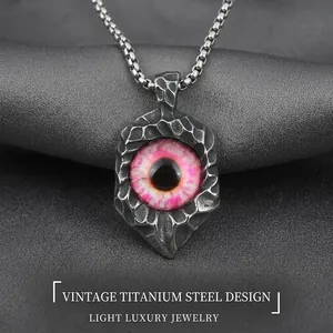 Gothic Evil Eye Pendant Necklace For Men Titanium Stainless Steel Hammered Texture Pink Eyeball Punk Rock Vintage Jewelry