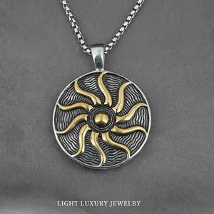 Vintage Titanium Steel Round Sun Flower Pendant Necklace Gold Silver Two Tone Relief Jewelry For Men Women Daily Accessory