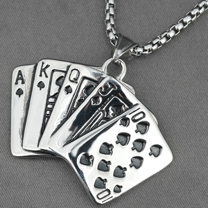 Titanium steel necklace with poker spade royal flush pendant on a square pearl chain
