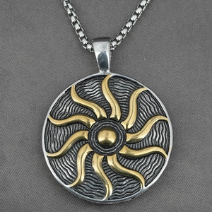 Vintage titanium steel sunflower necklace with sunburst pendant and square chain