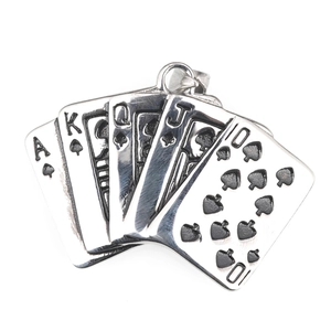 Polished titanium steel necklace featuring a Royal Flush spade poker card pendant