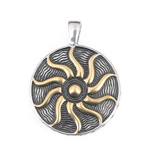 Titanium steel sunflower pendant necklace with gold sunburst and wave pattern detail