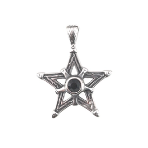 Pendentif étoile pentagramme gothique en acier titane argenté avec pierre noire