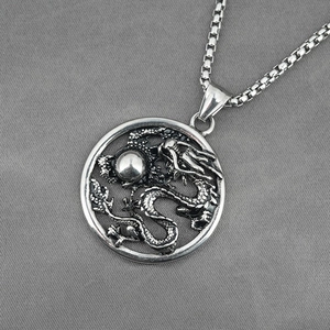 Collier vintage en acier inoxydable avec pendentif dragon et chaîne box pour homme et femme