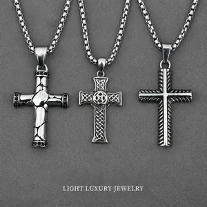 Vintage Stainless Steel Cross Pendant Necklace For Men Women Celtic Knot Carved Zirconia Inlaid Religious Jewelry With Box Chain