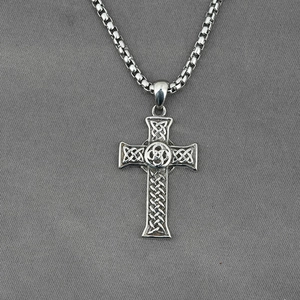 Silver titanium steel Celtic cross pendant necklace with intricate knot patterns