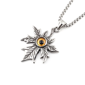 Collar vintage de acero inoxidable con colgante de hoja de arce y ojo del diablo ámbar