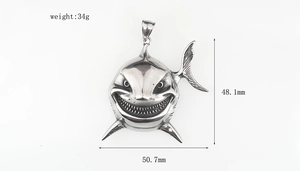 Detailed specs of the vintage shark pendant in stainless steel showing weight and size