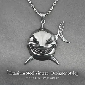 Vintage Stainless Steel Shark Head Pendant Necklace Box Chain Retro Punk Hip Hop Streetwear Jewelry For Men Gothic Animal Style Accessory