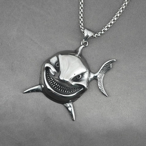Retro shark head pendant necklace in vintage silver finish with durable box chain