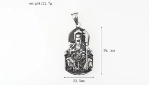 Detailed view of Guan Yu pendant in titanium steel showing 38.1mm height and 23.5mm width