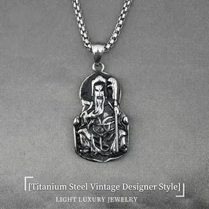 Vintage Stainless Steel Guan Gong Pendant Necklace For Men Antique Silver Relief Chinese God God Of Wealth Pendant Jewelry