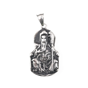 Retro stainless steel pendant featuring Guan Gong statue with vintage distressed finish