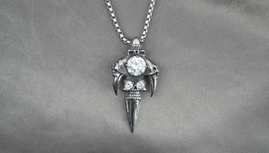Gothic skull pendant necklace in vintage silver with sparkling cubic zirconia stone