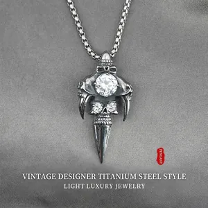Gothic Skull Pendant Necklace For Men Women Titanium Steel Rhinestone Punk Style Sword Claw Sweater Chain Jewelry Gift