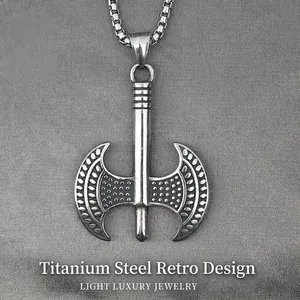 Vintage Viking Battle Axe Pendant Necklace For Men Nordic Mythology Titanium Steel Double Edged Axe Jewelry Accessories