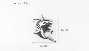 Macro view showing dimensions and weight of this detailed shark pendant in matte steel