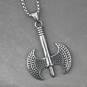 Men's stainless steel double-sided Thor axe pendant necklace with square box chain